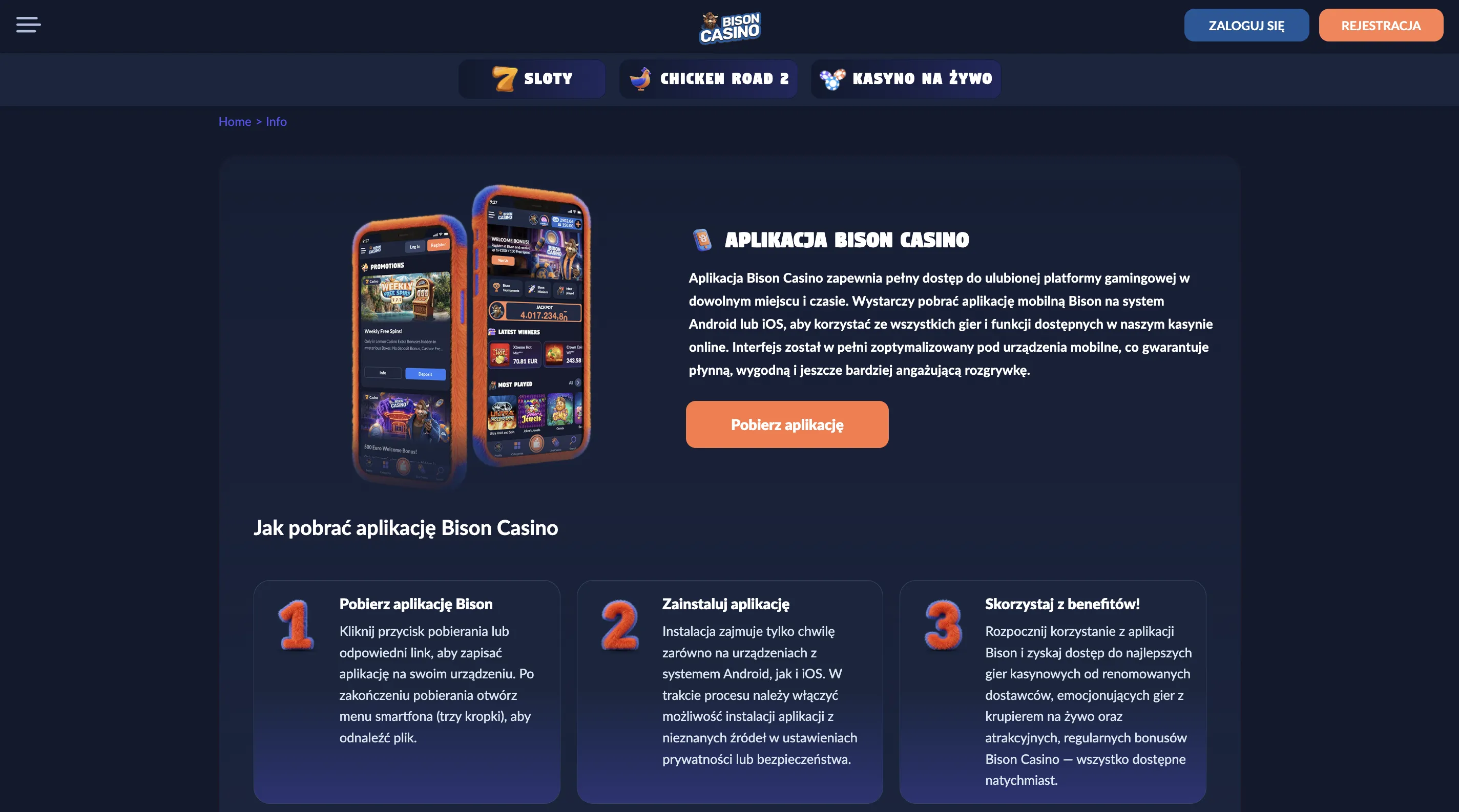 Aplikacja mobilna Bison Casino — PWA na telefon