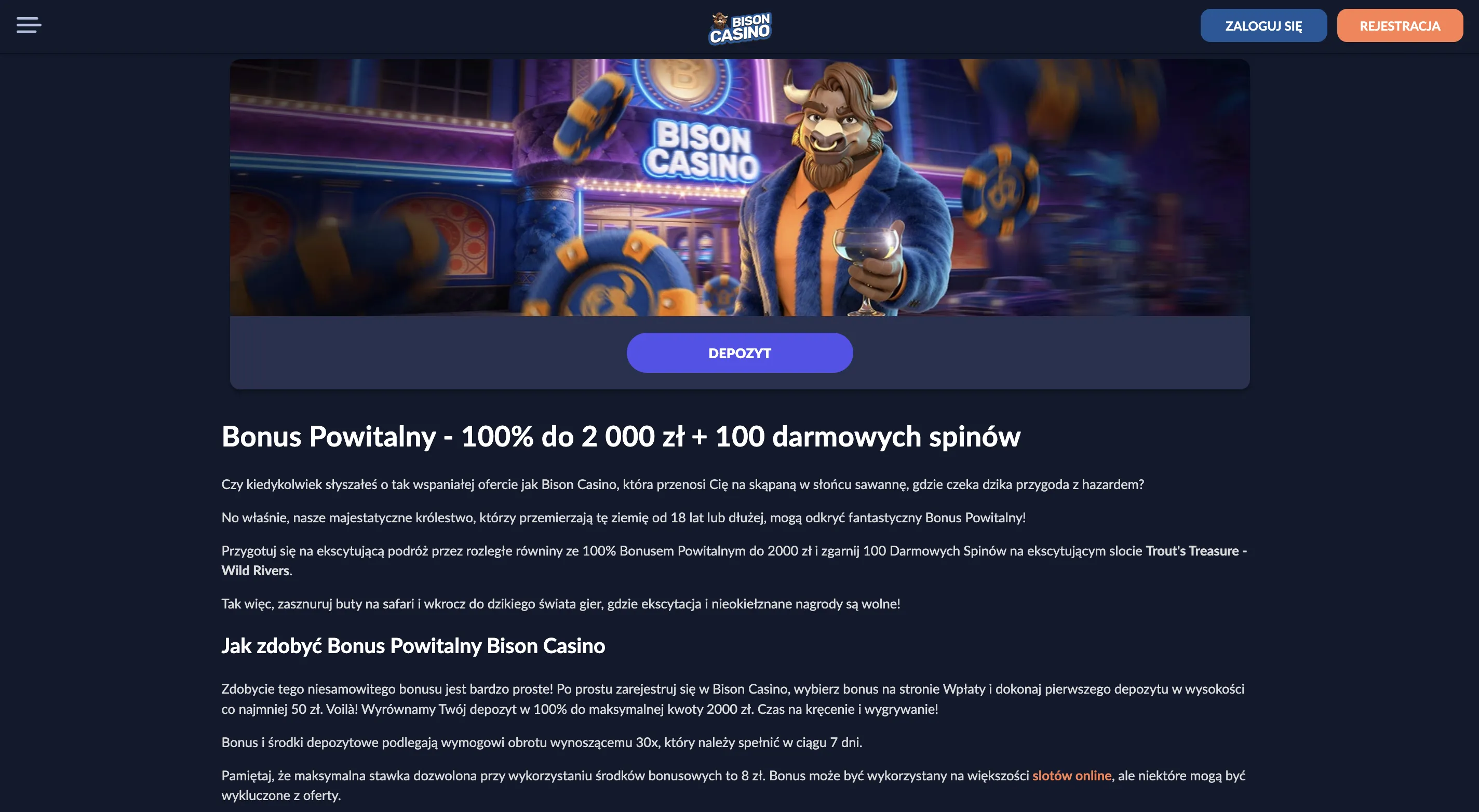 Bison Casino kod promocyjny — bonus powitalny 100% do 2000 zł